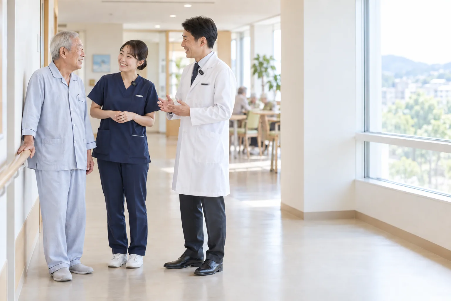 病棟の廊下で、入院着の患者さんと看護師・医師が立ち話をしている。スタッフの襟にはワイヤレスマイク