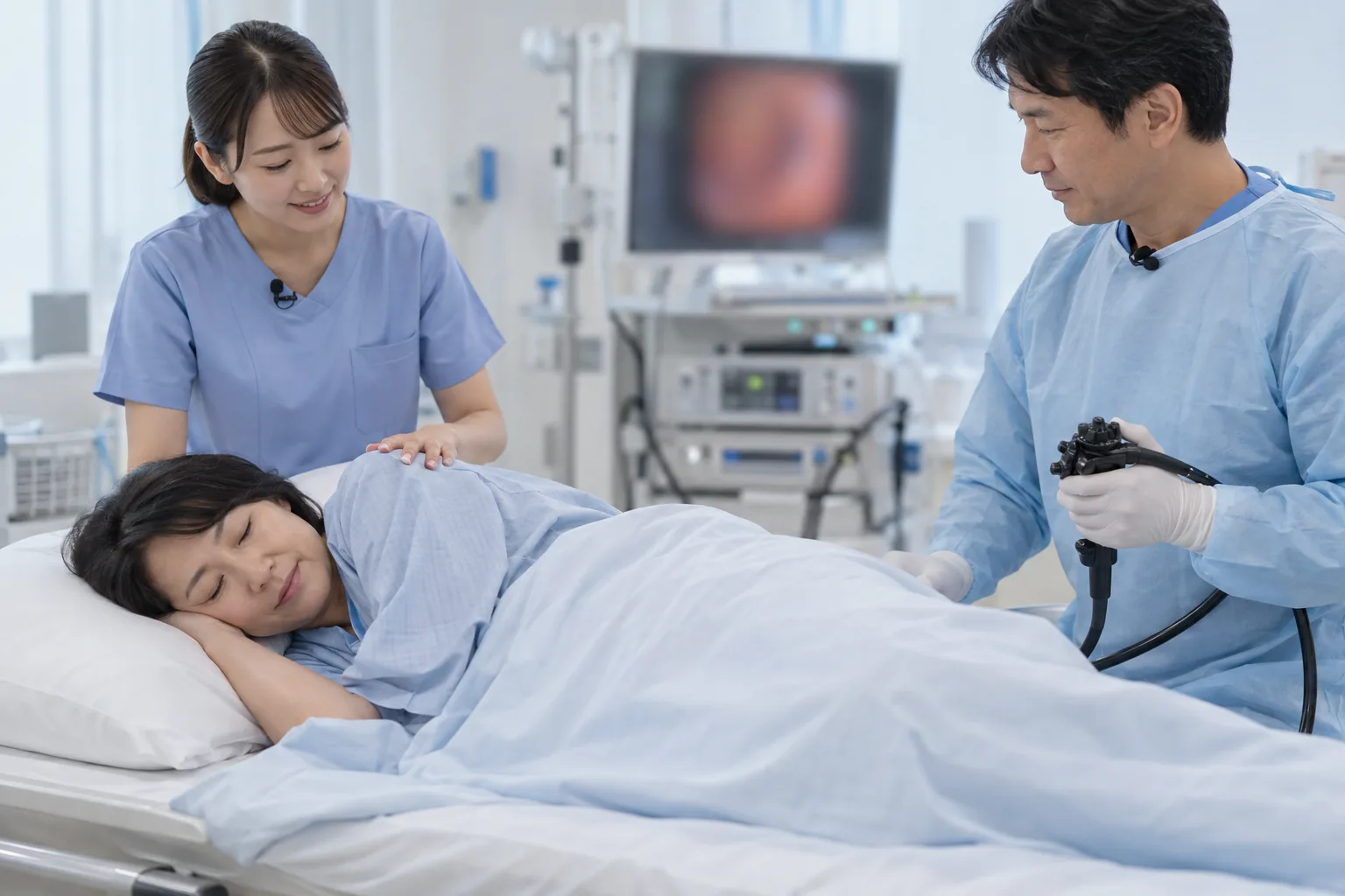 内視鏡室で、医師と看護師が大腸内視鏡検査を受ける患者さんに声をかけている