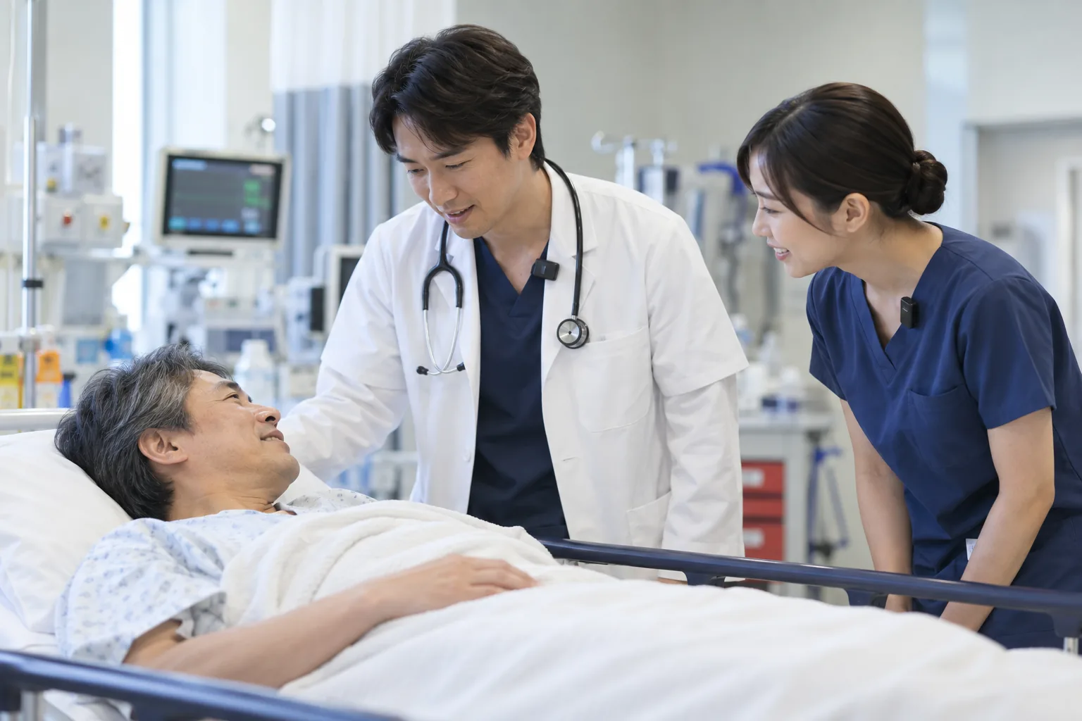 救急外来で、ストレッチャーに横たわる患者に医師と看護師が声をかけている