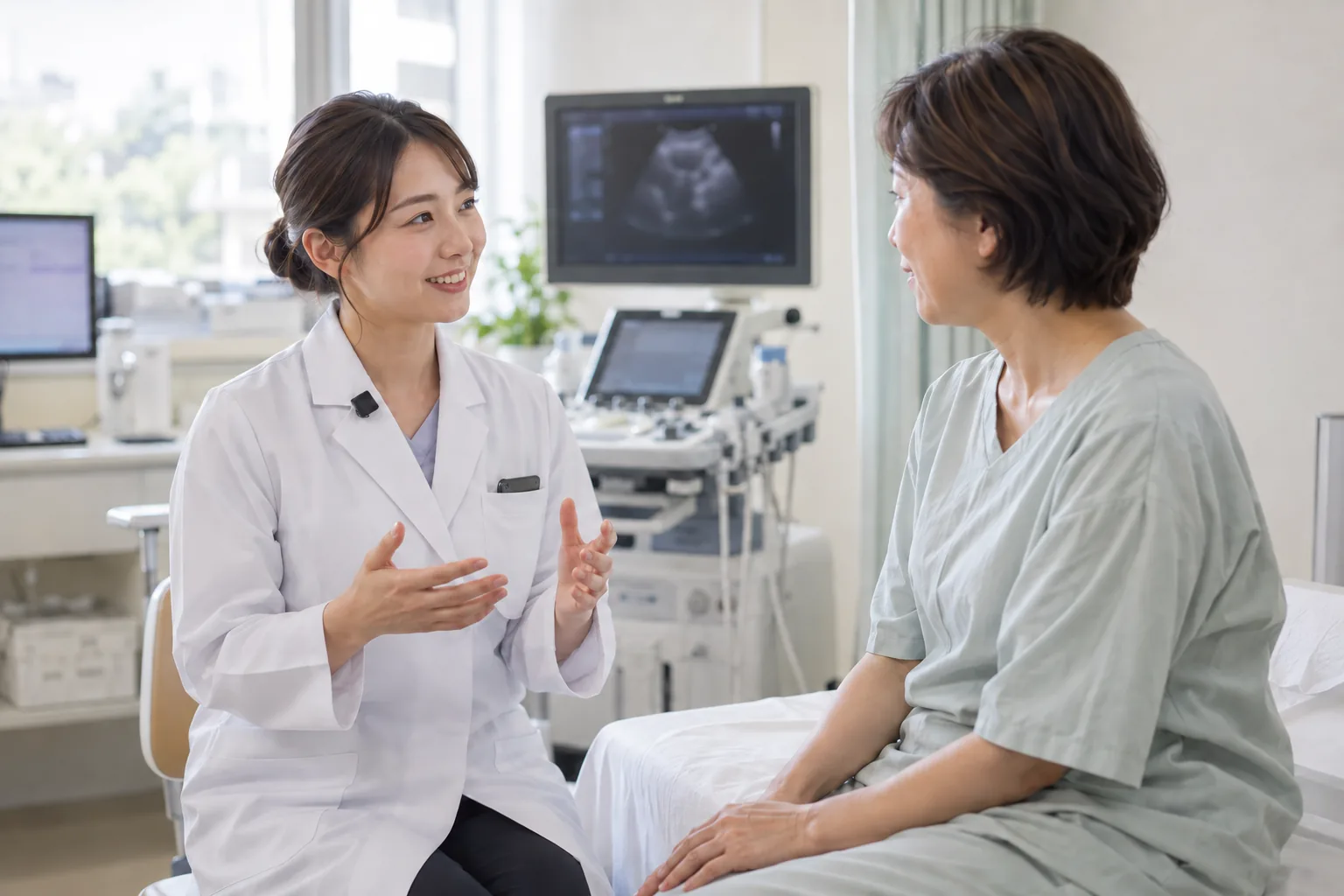 検査室で、臨床検査技師が患者さんに検査の説明をしている