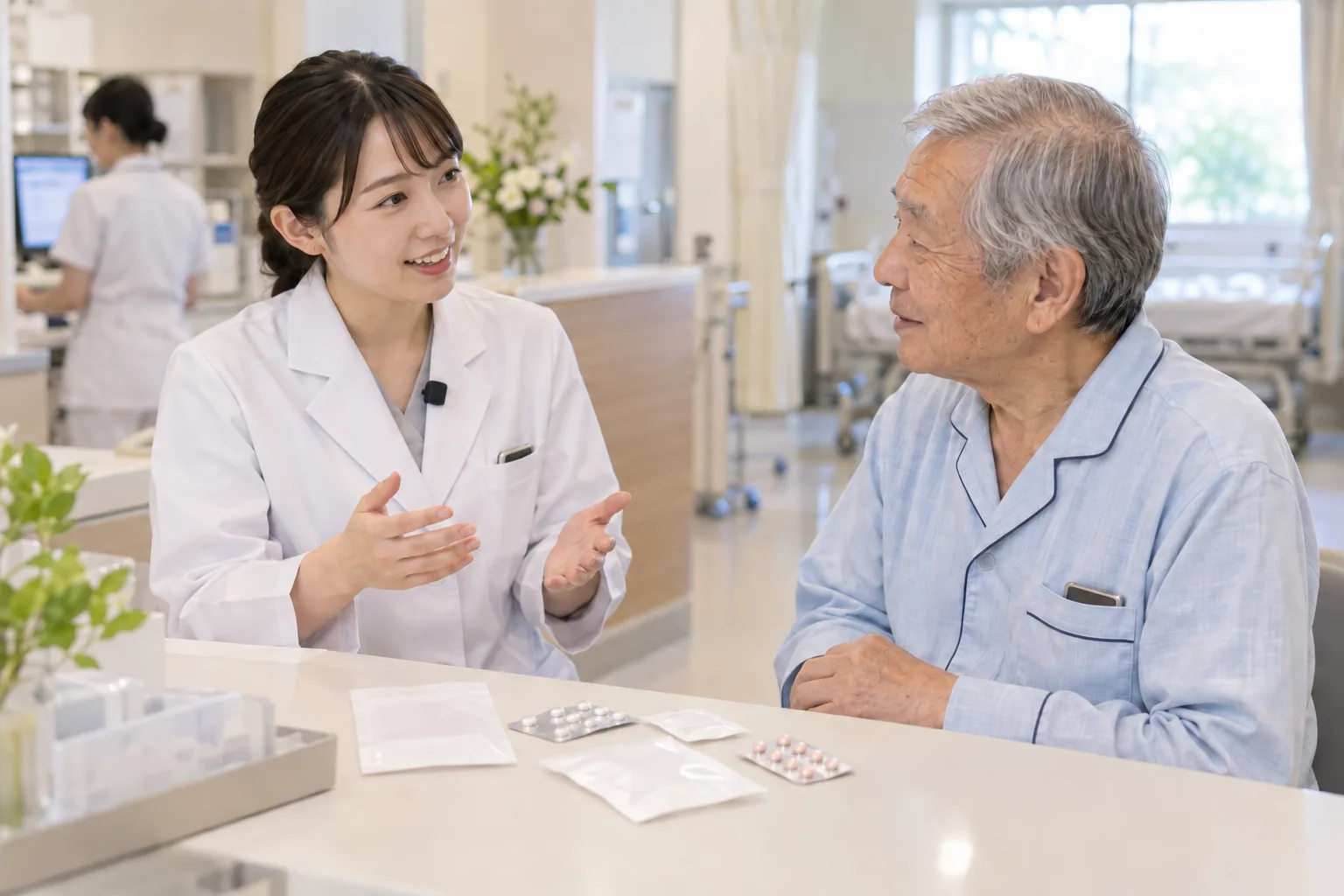 薬剤師が患者さんに薬の飲み方を説明している