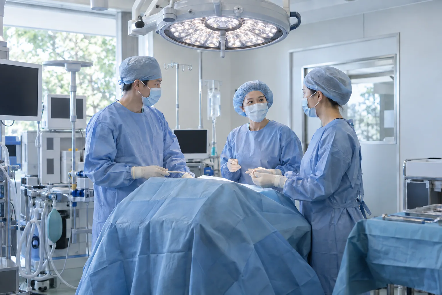 手術室で、術衣のスタッフが手術台を囲んで会話している