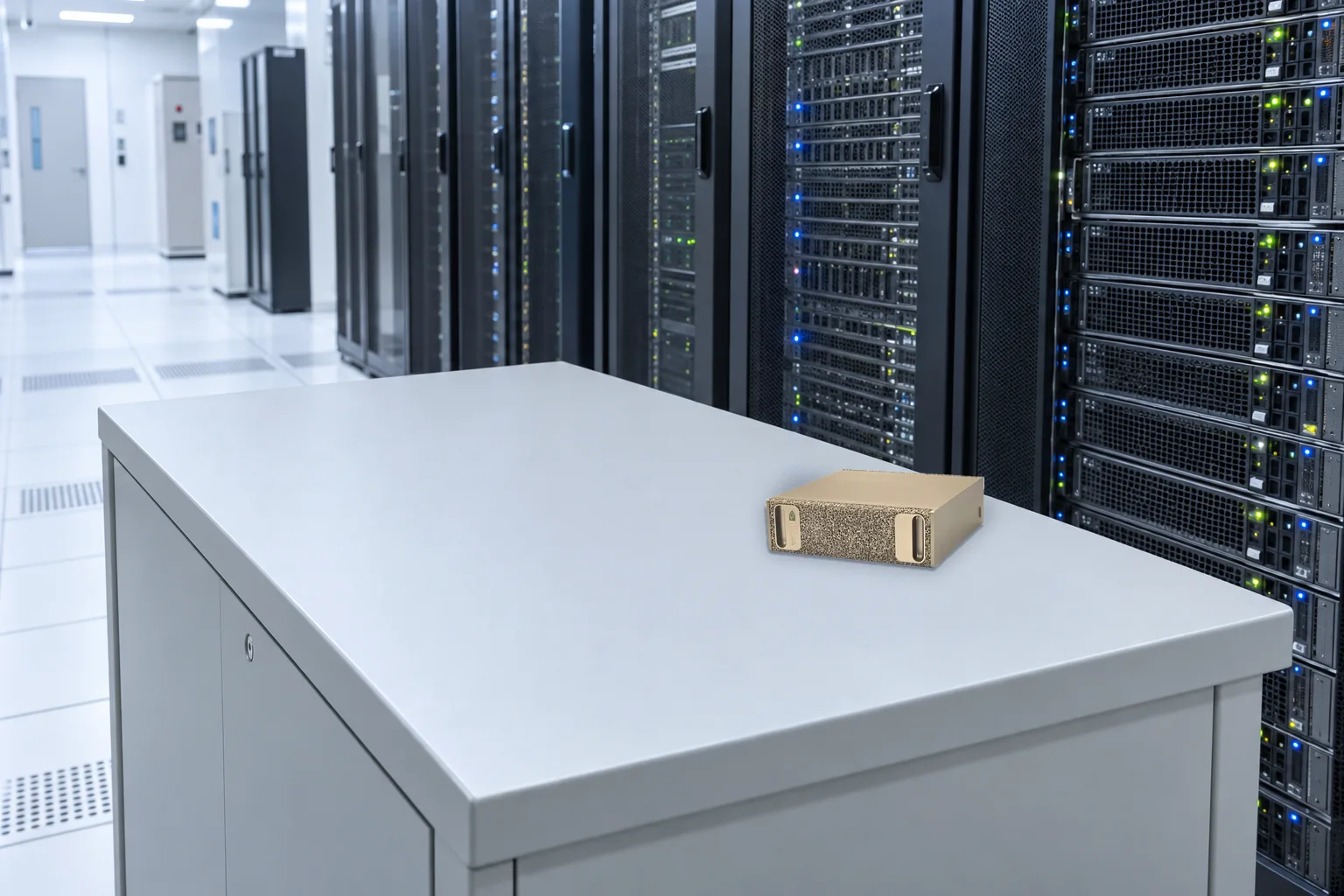 病院のサーバー室で、電子カルテのサーバーラックの横に置かれた小型のAIワークステーション